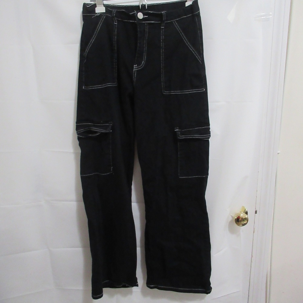 Honey Peach Cargo Pants Womens L Black wide leg Contrast Stitch Utility Street